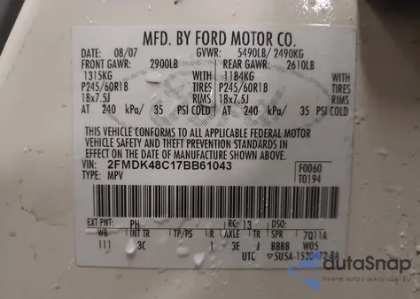 2007 Ford Edge Sel z USA, uszkodzony, nr VIN 2FMDK48C17BB61043